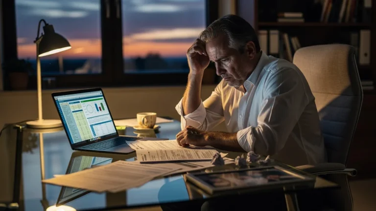 Homme stressé dans un bureau sombre, regret après mauvaises décisions de défiscalisation intense