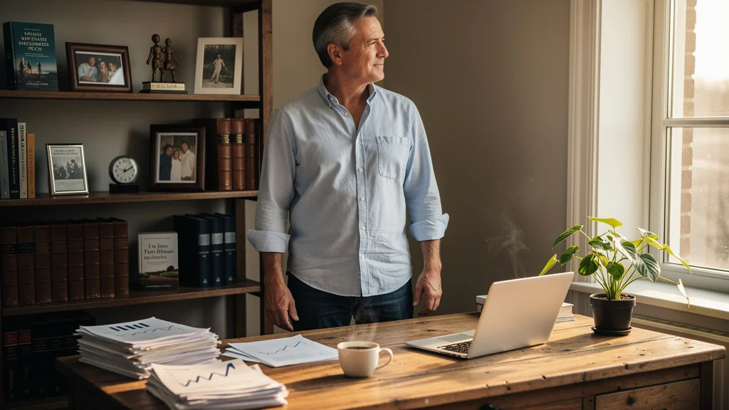 Homme dans un bureau modeste illustrant la construction d’un patrimoine sans héritage par des décisions ordinaires