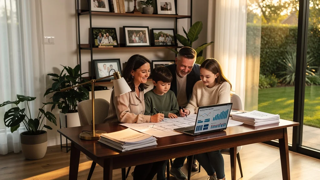Famille discutant dans un bureau moderne, symbolisant la transmission via une SCI familiale