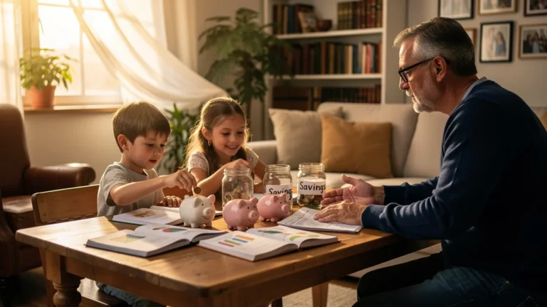 Homme de 52 ans aidant ses enfants à épargner tôt, symbole de patience et d'éducation financière