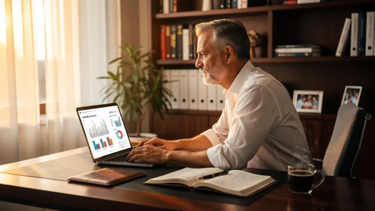 Homme de 52 ans réfléchissant à l'assurance-vie ou PEA dans un bureau lumineux et organisé