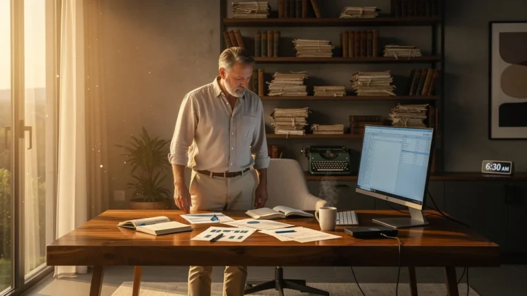 Homme de 52 ans réalisant que ses livrets dormaient, se mettant en mouvement dans son bureau au lever du jour