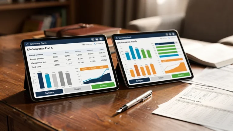 Comparaison hyper-réaliste de deux contrats d'assurance-vie en ligne sur leurs frais réels affichés sur tablettes