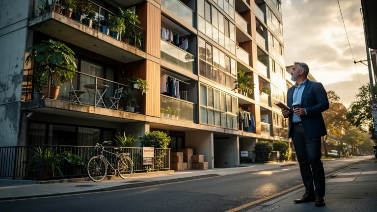 Vue urbaine hyperréaliste d’un immeuble locatif meublé au coucher de soleil avec un homme pensif à 52 ans