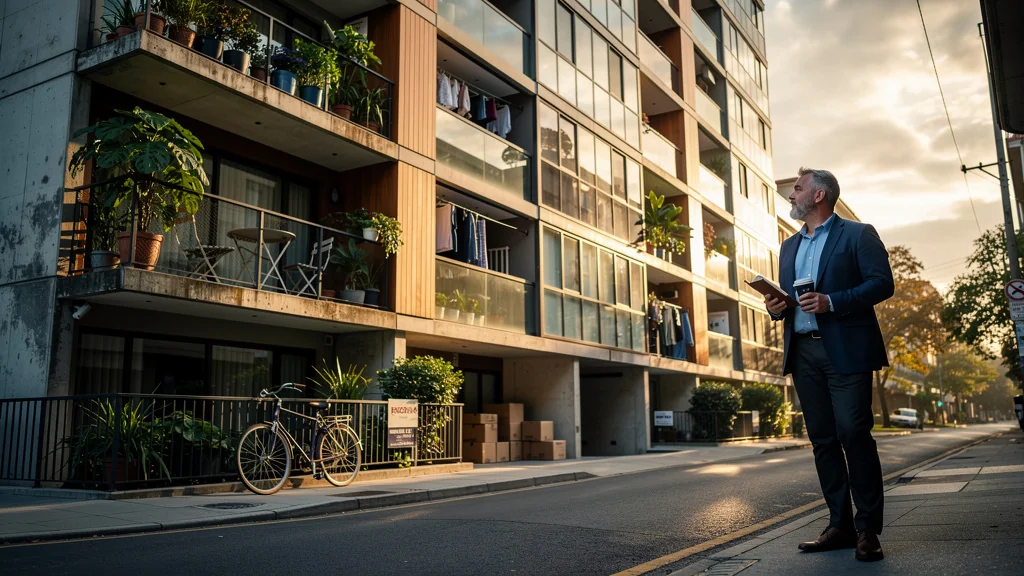 Vue urbaine hyperréaliste d’un immeuble locatif meublé au coucher de soleil avec un homme pensif à 52 ans