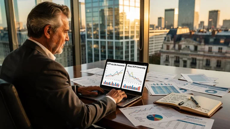 Homme mûr réfléchissant à la SCPI en assurance-vie versus SCPI en direct dans un bureau moderne lumineux