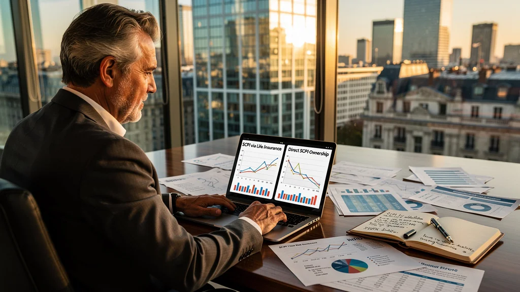 Homme mûr réfléchissant à la SCPI en assurance-vie versus SCPI en direct dans un bureau moderne lumineux
