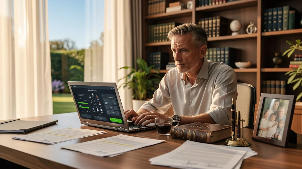Homme de 52 ans utilisant un simulateur de succession en ligne dans un bureau moderne et lumineux