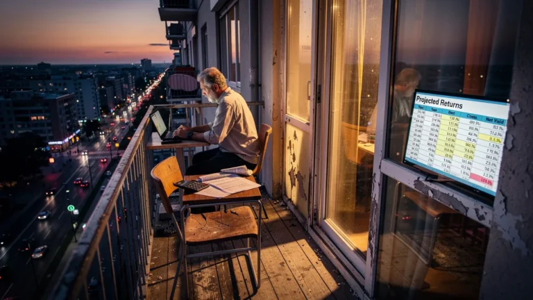 Appartement urbain au crépuscule illustrant un investisseur locatif de 52 ans face aux rendements trompeurs