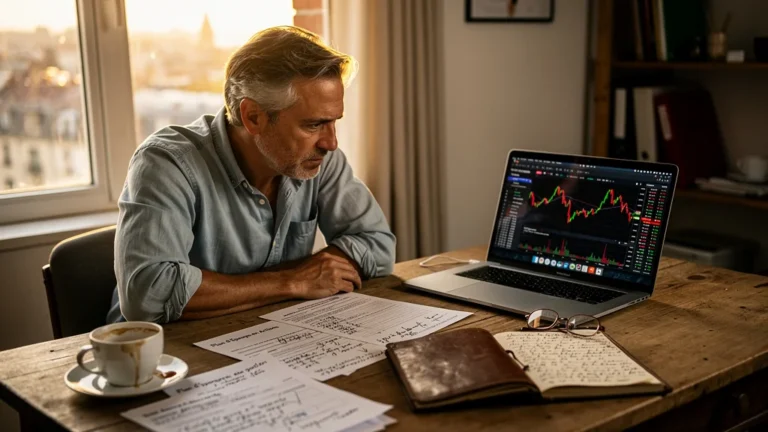 Homme quinquagénaire méditant sur ses erreurs d’investissement après ouvrir un PEA sans stratégie