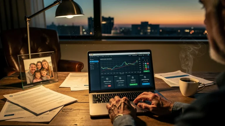 Homme de 52 ans réfléchissant à son assurance-vie multisupport dans un bureau moderne éclairé au crépuscule