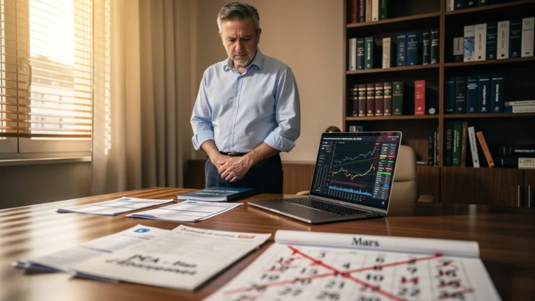 Homme de 52 ans regrettant retard ouverture PEA et perte d’antériorité fiscale en bureau moderne