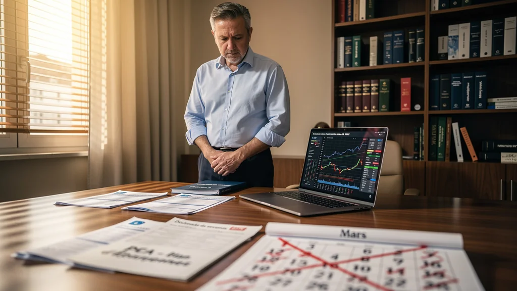 Homme de 52 ans regrettant retard ouverture PEA et perte d’antériorité fiscale en bureau moderne