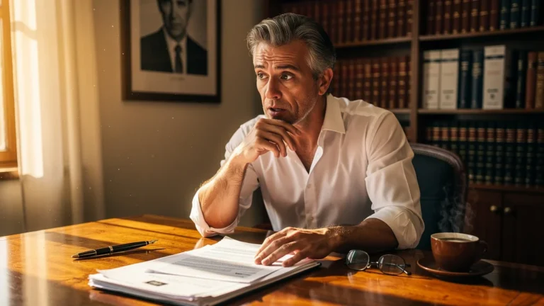 Homme de 52 ans analysant ses contrats un à un, révélant une prise de conscience importante