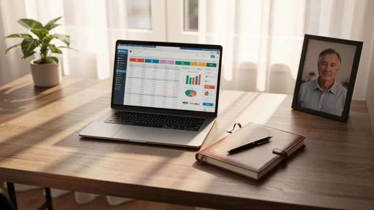 Bureau lumineux avec ordinateur affichant un tableur de budget patrimonial précis et bien organisé